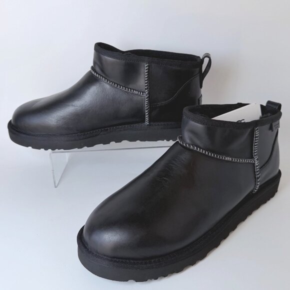 UGG Black Classic Ultra Mini Boots Regen Leather Winter Boots Men Size 10 - Picture 2 of 9